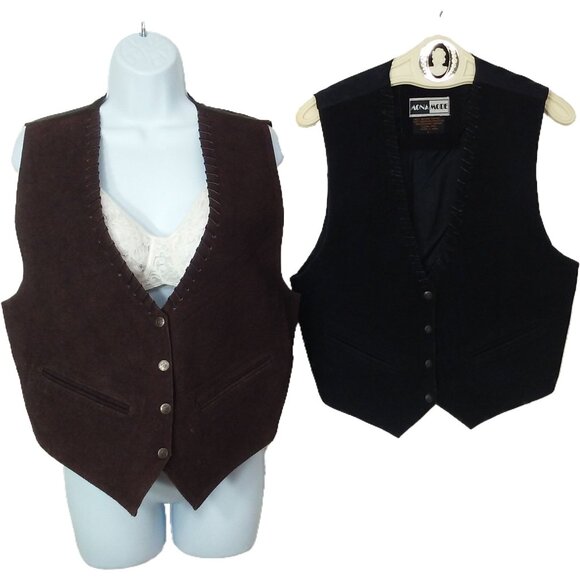 Lot(2) Mona Mode Suede Leather Vests Lady-L Pockets Lined Metal Snaps Brown Blac - Picture 1 of 10